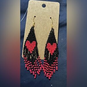 Black and red heart fringe earrings